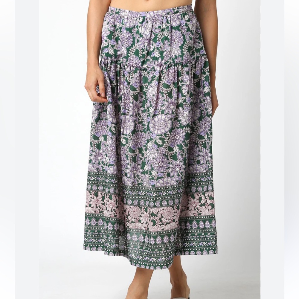 Olivaceous Purple and Green Floral Midi Skirt
